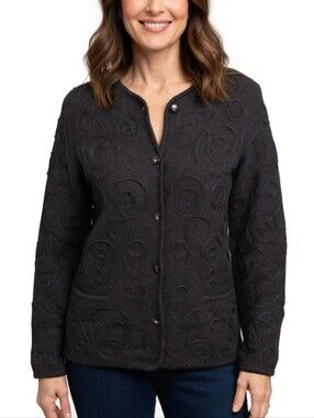 Vintage Tabi Black Embroidered 100% Wool Button-Up Cardigan Chore Coat S